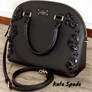 Kate Spade Black Leather Dome Satchel Crossbody Handbag Stone Embellishment